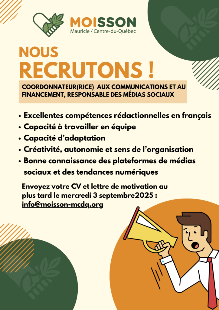 Offre d’emploi :  Coordination aux communications et au financement, responsable des médias sociaux