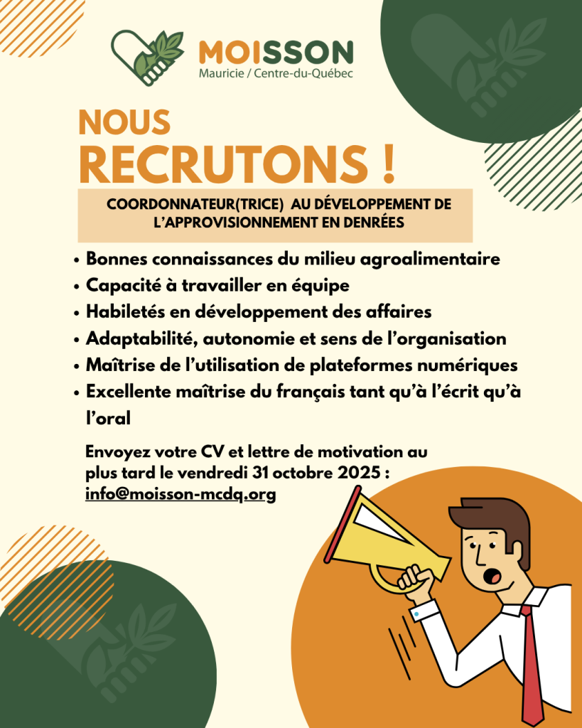 Offre d’emploi : Coordination au développement de l’approvisionnement en denrées